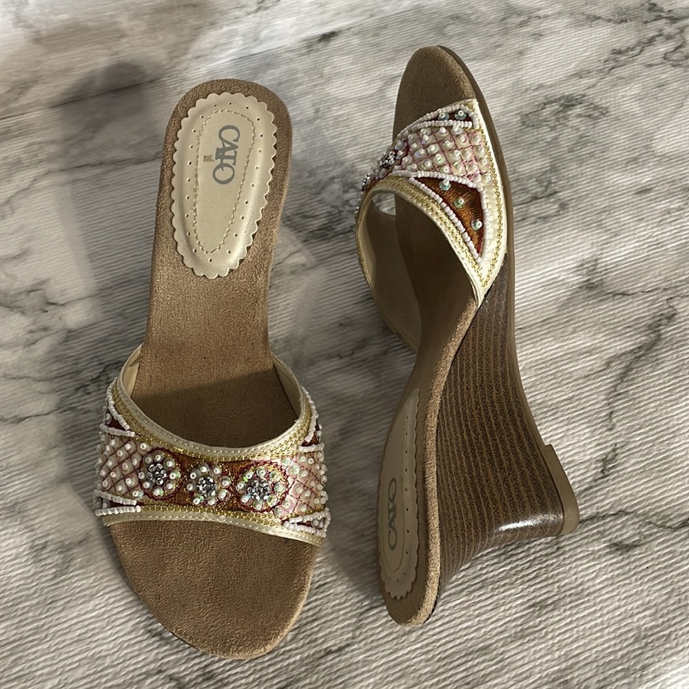 Cato, beaded, wedge sandals,